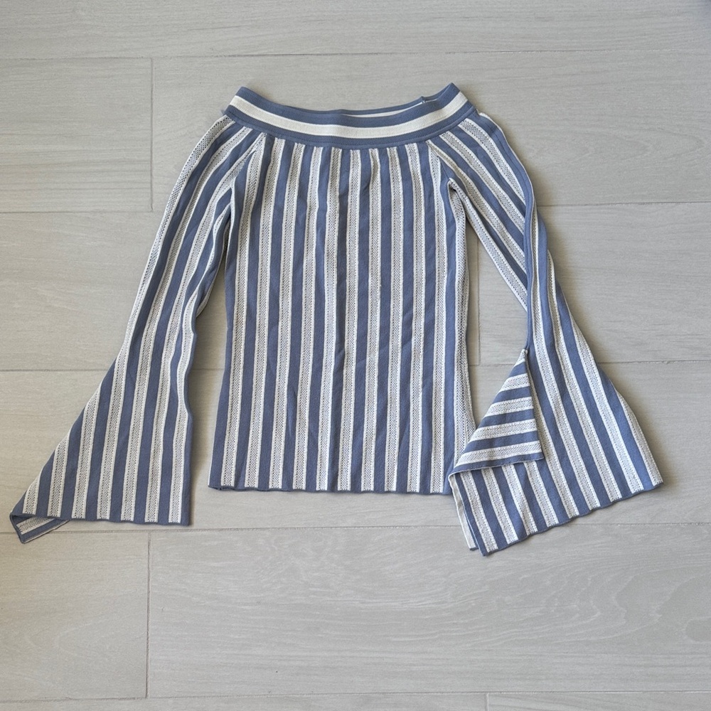 BCBGMaxAzria Blue and White Striped Bell Sleeve Blouse